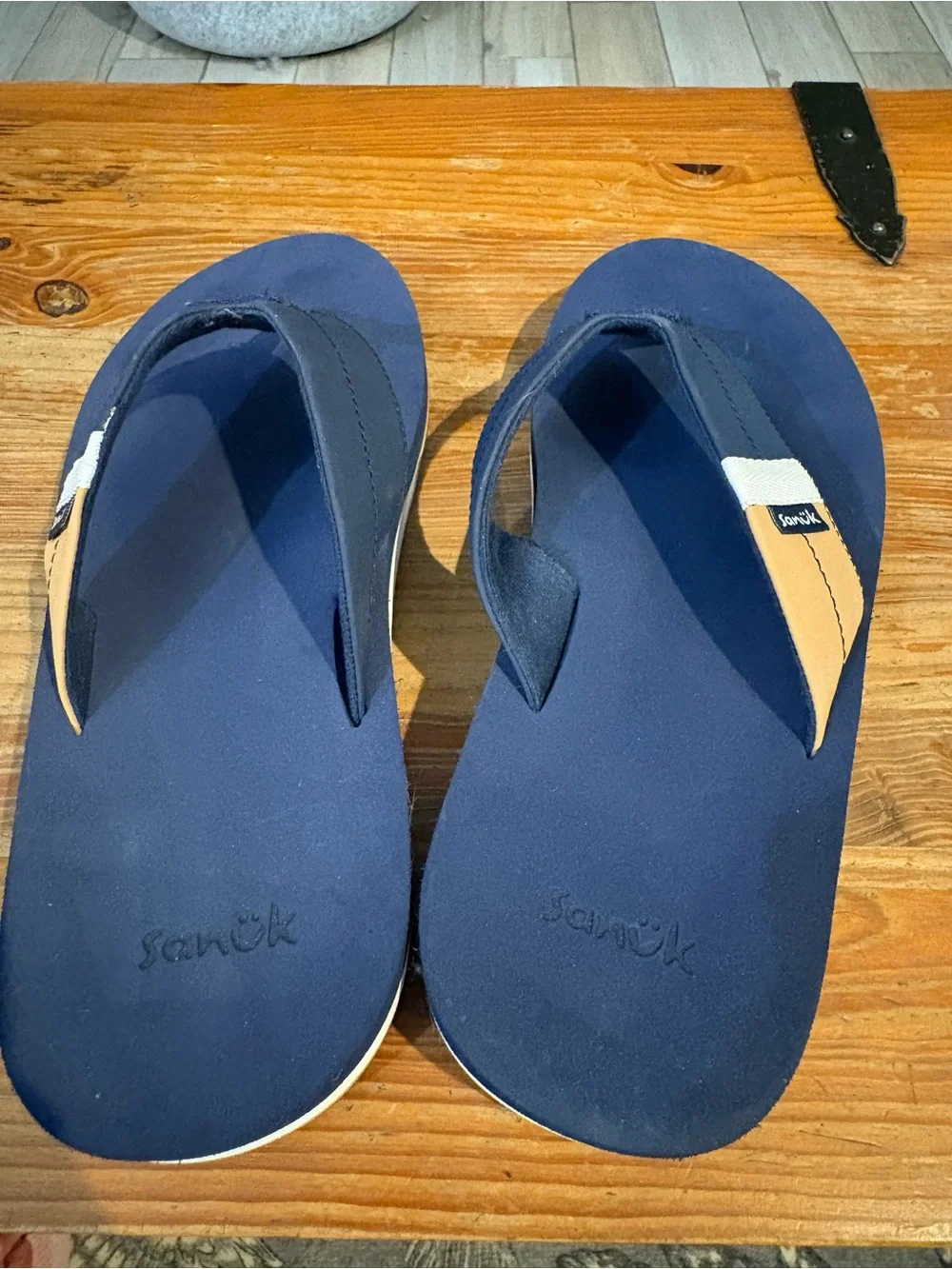 Sanuk Sawyer Navy Blue and Tan Men's Flip-Flops
